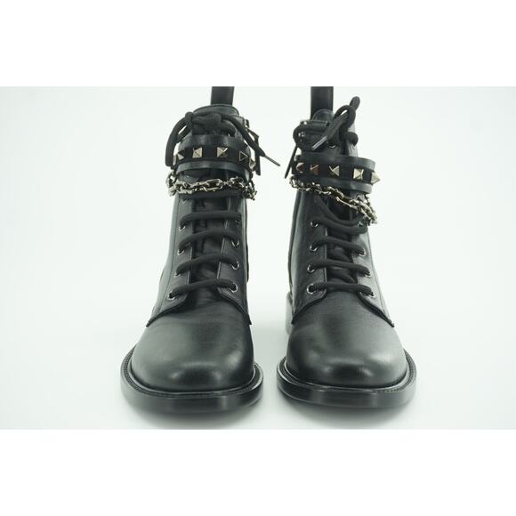 Valentino Rockstud Chain Combat Ankle Boots Size 37 black Leather $1290 - Picture 12 of 12